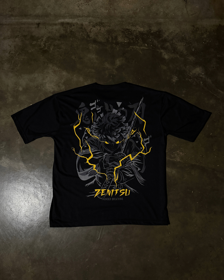 Anime-inspired apparel featuring bold back artwork, worn by a model in a dark studio setting – from a South African anime clothing brand.