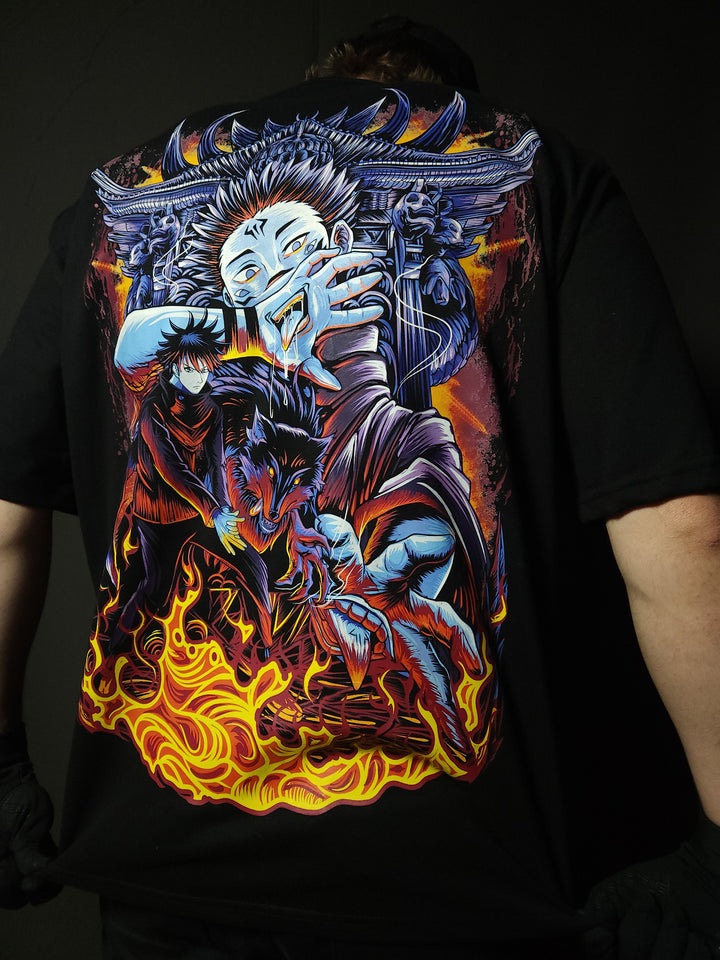 Anime-inspired apparel featuring bold back artwork, worn by a model in a dark studio setting – from a South African anime clothing brand.