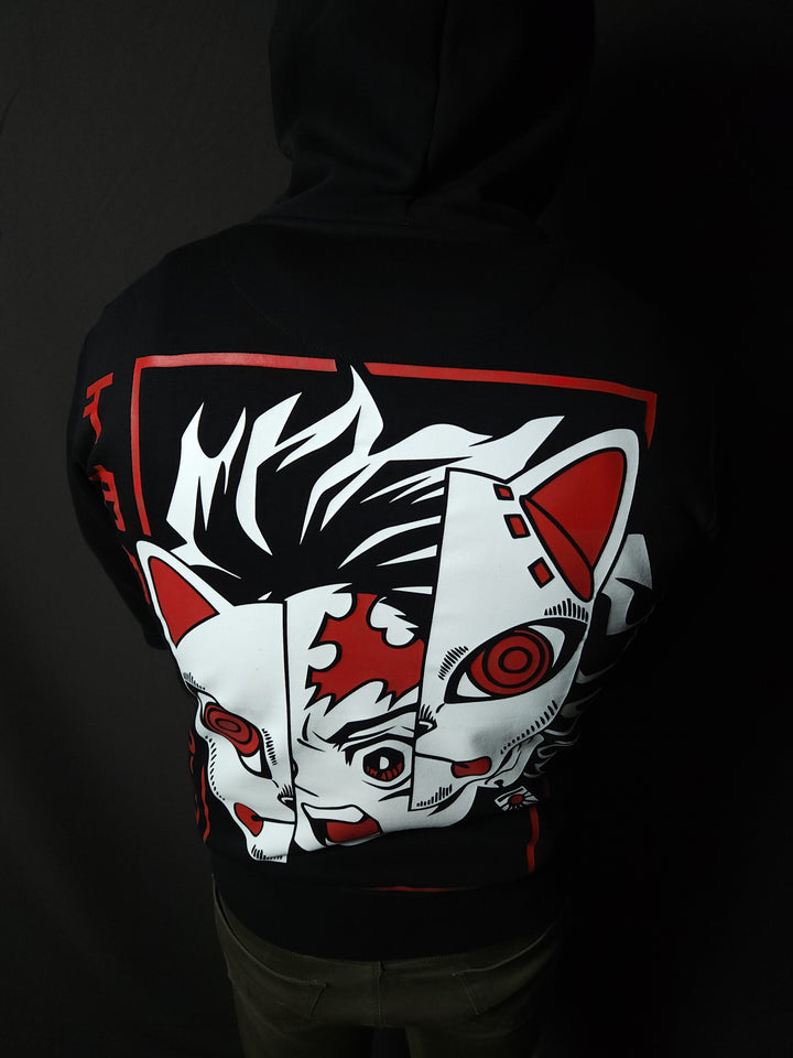 Anime-inspired apparel featuring bold back artwork, worn by a model in a dark studio setting – from a South African anime clothing brand.